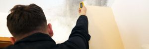 worker testing for mold and moisture inside a wall